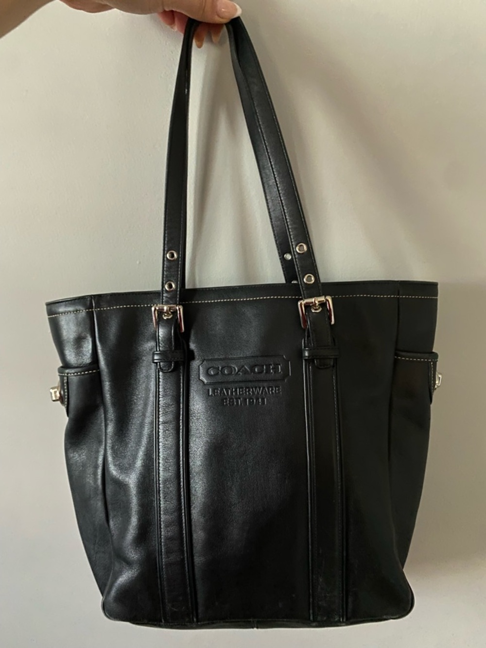 Coach Black Leather Shoulder Tote with Contrast Stitching